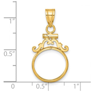 14k Yellow Gold French Scroll Screw Top 14mm Coin Bezel Pendant - Fits 1/20 oz Maple Leaf and Other Coins