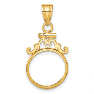 14k Yellow Gold French Scroll Screw Top 14mm Coin Bezel Pendant - Fits 1/20 oz Maple Leaf and Other Coins