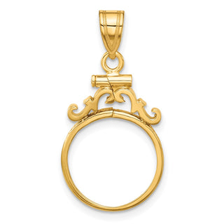 14k Yellow Gold French Scroll Screw Top 15.5mm Coin Bezel Pendant - Fits 2.5 Pesos