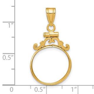 14k Yellow Gold French Scroll Screw Top 16mm Coin Bezel Pendant - Fits 1/10 oz Maple Leaf, Maple Leaf, and Other Coins