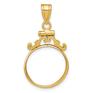 14k Yellow Gold French Scroll Screw Top 16mm Coin Bezel Pendant - Fits 1/10 oz Maple Leaf, Maple Leaf, and Other Coins