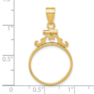 14k Yellow Gold French Scroll Screw Top 17.8mm Coin Bezel Pendant - Fits US $2.50 Liberty and Other Coins