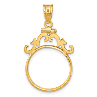 14k Yellow Gold French Scroll Screw Top 18mm Coin Bezel Pendant - Fits 1/10 oz Cat
