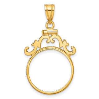 14k Yellow Gold French Scroll Screw Top 18mm Coin Bezel Pendant - Fits 1/10 oz Cat