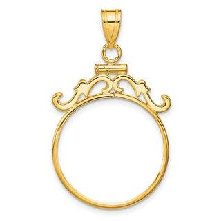 14k Yellow Gold French Scroll Screw Top 21.6mm Coin Bezel Pendant - Fits US $5 Bald Eagle, US $5 Congressional, US $5 Liberty, and Other Coins