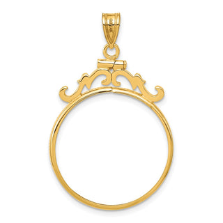 14k Yellow Gold French Scroll Screw Top 25.0mm Coin Bezel Pendant - Fits 1/2 oz Maple Leaf and Other Coins