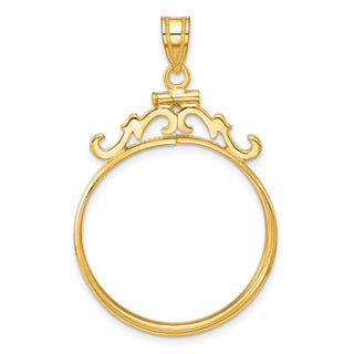 14k Yellow Gold French Scroll Screw Top 25.0mm Coin Bezel Pendant - Fits 1/2 oz Maple Leaf and Other Coins