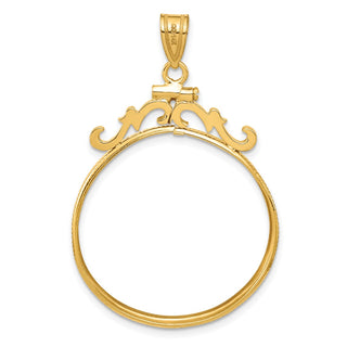 14k Yellow Gold French Scroll Screw Top 27mm Coin Bezel Pendant - Fits 1/2 oz American Eagle, US $10 Liberty, and Other Coins
