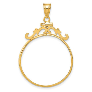 14k Yellow Gold French Scroll Screw Top 27mm Coin Bezel Pendant - Fits 1/2 oz American Eagle, US $10 Liberty, and Other Coins