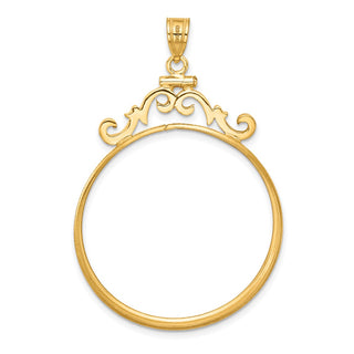 14k Yellow Gold French Scroll Screw Top 32.7mm Coin Bezel Pendant - Fits 1 oz American Eagle, 1 oz Cat, and 1 oz Krugerrand