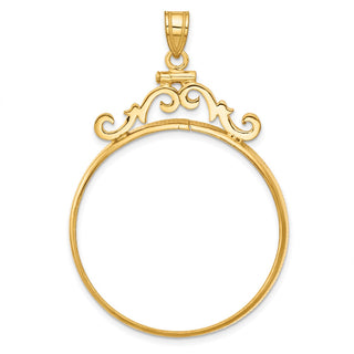 14k Yellow Gold French Scroll Screw Top 32.7mm Coin Bezel Pendant - Fits 1 oz American Eagle, 1 oz Cat, and 1 oz Krugerrand