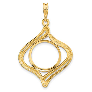 14k Yellow Gold Fancy Wave 14mm Prong Coin Bezel Pendant - Fits 1/20 oz Maple Leaf and Other Coins