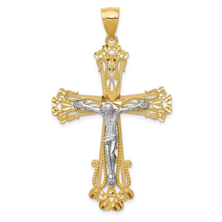 14k Yellow and White Gold Diamond-Cut Fleur De Lis Crucifix Pendant C3923