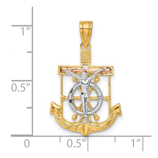 14k Yellow, White & Rose Gold Diamond-Cut w Texture Mariners Cross Pendant C3930