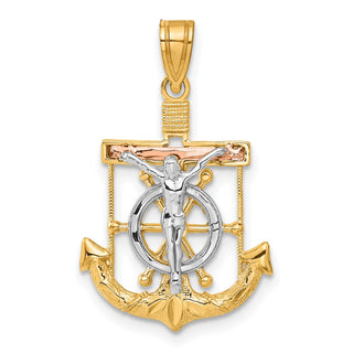 14k Yellow, White & Rose Gold Diamond-Cut w Texture Mariners Cross Pendant C3930