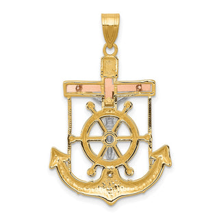 14k Yellow, White & Rose Gold Diamond-Cut w Texture Mariners Cross Pendant C3931