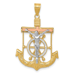 14k Yellow, White & Rose Gold Diamond-Cut w Texture Mariners Cross Pendant C3931
