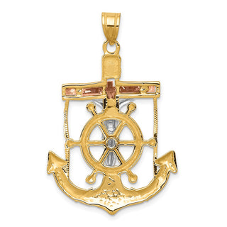 14k Yellow, White & Rose Gold Diamond-Cut w Texture Mariners Cross Pendant C3932
