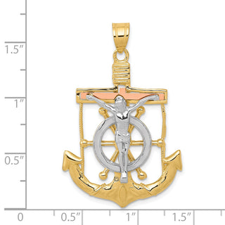 14k Yellow, White & Rose Gold Diamond-Cut w Texture Mariners Cross Pendant C3932