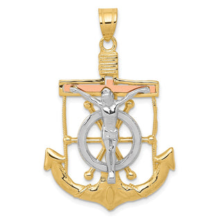 14k Yellow, White & Rose Gold Diamond-Cut w Texture Mariners Cross Pendant C3932