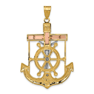 14k Yellow, White & Rose Gold Diamond-Cut w Texture Mariners Cross Pendant C3933