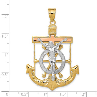 14k Yellow, White & Rose Gold Diamond-Cut w Texture Mariners Cross Pendant C3933