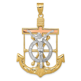 14k Yellow, White & Rose Gold Diamond-Cut w Texture Mariners Cross Pendant C3933