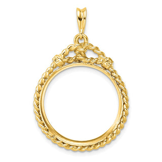 14k Yellow Gold Western Rope 21.6mm Prong Coin Bezel Pendant - Fits US $5 Bald Eagle, US $5 Congressional, US $5 Liberty, and Other Coins