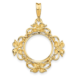 14k Yellow Gold Flower Blossom 13mm Prong Coin Bezel Pendant - Fits 2 Pesos and US $1