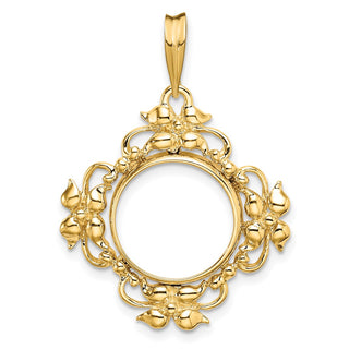14k Yellow Gold Flower Blossom 13mm Prong Coin Bezel Pendant - Fits 2 Pesos and US $1