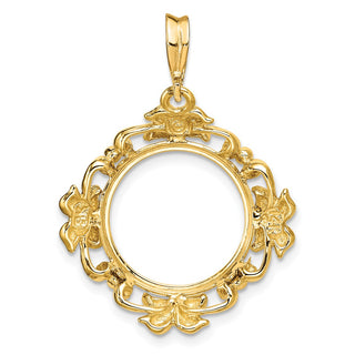 14k Yellow Gold Flower Blossom 15mm Prong Coin Bezel Pendant - Fits US $1 Type 2