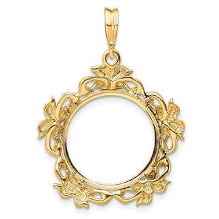 14k Yellow Gold Flower Blossom 16mm Prong Coin Bezel Pendant - Fits 1/10 oz Maple Leaf, Maple Leaf, and Other Coins