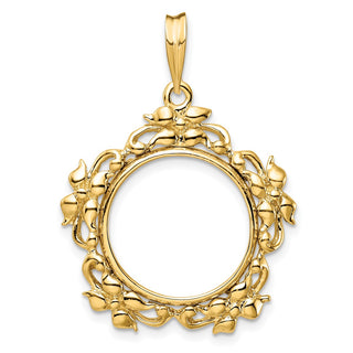 14k Yellow Gold Flower Blossom 16mm Prong Coin Bezel Pendant - Fits 1/10 oz Maple Leaf, Maple Leaf, and Other Coins