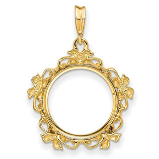 14k Yellow Gold Flower Blossom 16.5mm Prong Coin Bezel Pendant - Fits 1/10 oz American Eagle and 1/10 oz Krugerrand