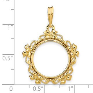 14k Yellow Gold Flower Blossom 16.5mm Prong Coin Bezel Pendant - Fits 1/10 oz American Eagle and 1/10 oz Krugerrand