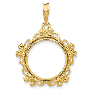 14k Yellow Gold Flower Blossom 16.5mm Prong Coin Bezel Pendant - Fits 1/10 oz American Eagle and 1/10 oz Krugerrand
