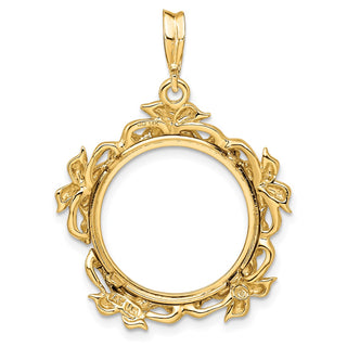 14k Yellow Gold Flower Blossom 17.8mm Prong Coin Bezel Pendant - Fits US $2.50 Liberty and Other Coins
