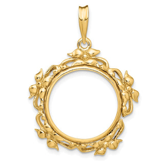 14k Yellow Gold Flower Blossom 17.8mm Prong Coin Bezel Pendant - Fits US $2.50 Liberty and Other Coins