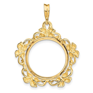 14k Yellow Gold Flower Blossom 18mm Prong Coin Bezel Pendant - Fits 1/10 oz Cat