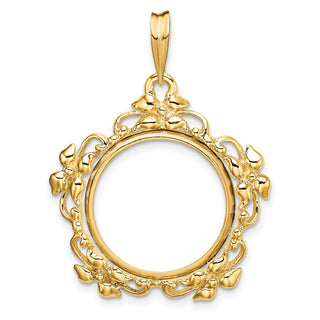 14k Yellow Gold Flower Blossom 18mm Prong Coin Bezel Pendant - Fits 1/10 oz Cat