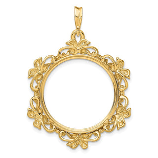 14k Yellow Gold Flower Blossom 22mm Prong Coin Bezel Pendant - Fits 1/4 oz American Eagle and Other Coins