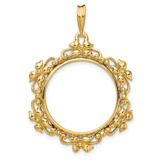 14k Yellow Gold Flower Blossom 22mm Prong Coin Bezel Pendant - Fits 1/4 oz American Eagle and Other Coins