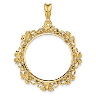 14k Yellow Gold Flower Blossom 27mm Prong Coin Bezel Pendant - Fits 1/2 oz American Eagle, US $10 Liberty, and Other Coins