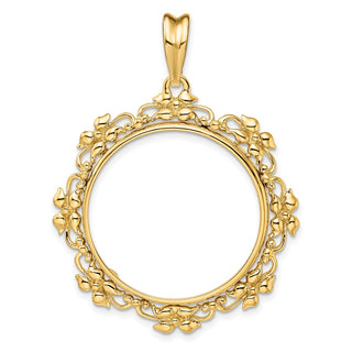 14k Yellow Gold Flower Blossom 27mm Prong Coin Bezel Pendant - Fits 1/2 oz American Eagle, US $10 Liberty, and Other Coins
