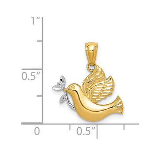 14k Yellow Gold and Rhodium Polished Dove with Olive Branch Pendant