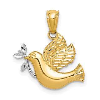 14k Yellow Gold Dove with Olive Branch Pendant - 22 x 20mm, Polished & Diamond-Cut, with Rhodium