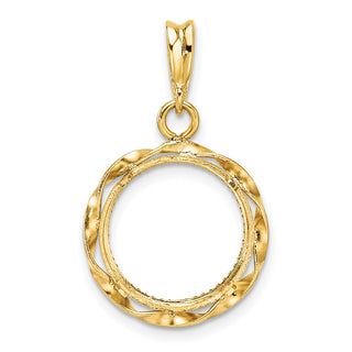 14k Yellow Gold Polished Hand Twisted Ribbon and Diamond-cut 13.0mm Prong Coin Bezel Pendant - Fits 2 Pesos