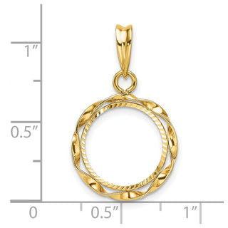 14k Yellow Gold Polished Hand Twisted Ribbon and Diamond-cut 13.0mm Prong Coin Bezel Pendant - Fits 2 Pesos