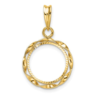 14k Yellow Gold Polished Hand Twisted Ribbon and Diamond-cut 13.0mm Prong Coin Bezel Pendant - Fits 2 Pesos