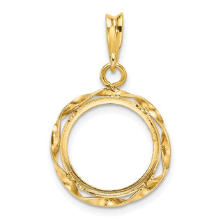 14k Polished Hand Twisted Ribbon and Diamond-cut 14.0mm Prong Coin Bezel Pendant - Fits 1/20 oz Maple Leaf and Other Coins